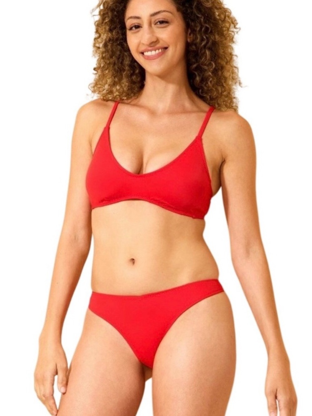 Red Bikini Plunge Bralette Small Top High Leg Medium Bottom Vacation Pool Beach